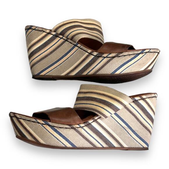 Born Leather And Striped Canvas Two Strap Platform Wedge Sandals Women's Size 10 - Picture 5 of 10